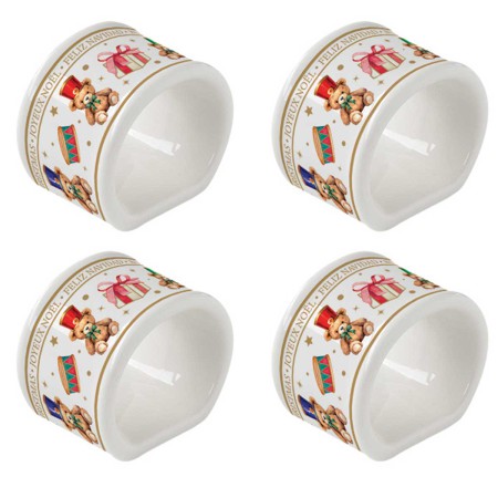 CHRISTMAS TEDDY SET 4 PORCELAIN NAPKIN RINGS