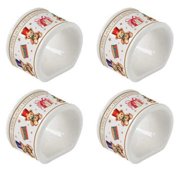 CHRISTMAS TEDDY SET 4 PORCELAIN NAPKIN RINGS