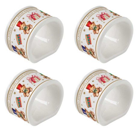 CHRISTMAS TEDDY SET 4 PORCELAIN NAPKIN RINGS
