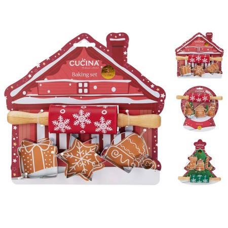 SET 4 XMAS COOKIE CUTTERS & ROLLING PIN ASSRT INOX