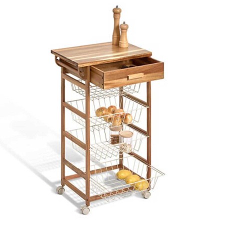 TROLLEY 4 BASKETS  DRAWER 50X33.5X89 ACACIA/METAL