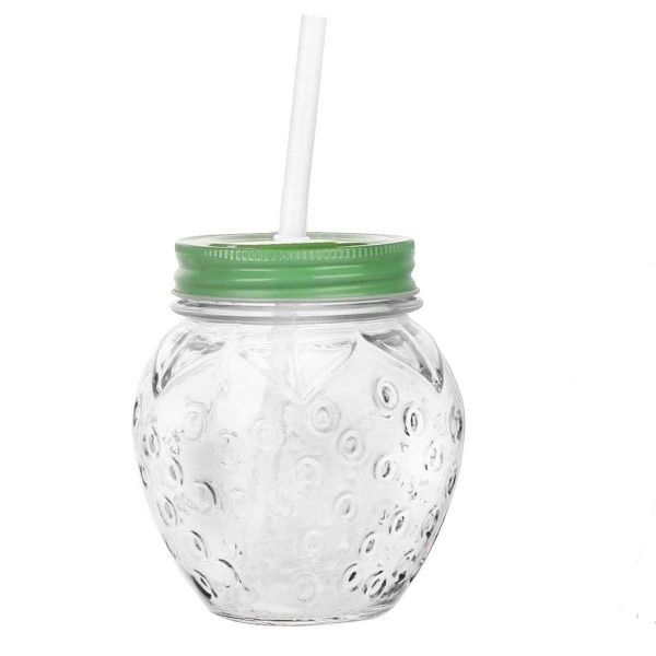 STRAWBERRY CLEAR GLASS JAR WITH STRAW 450ML