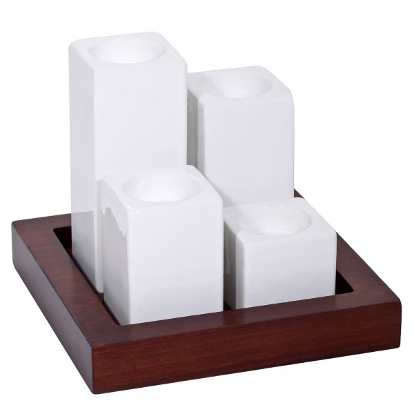 WOOD + PORCELAIN CANDLE HOLDER 4 SPACES