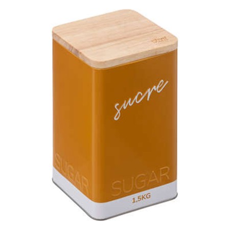 SUGAR  METALIC BOX WT BAMBOO LID MUSTARD 19CM