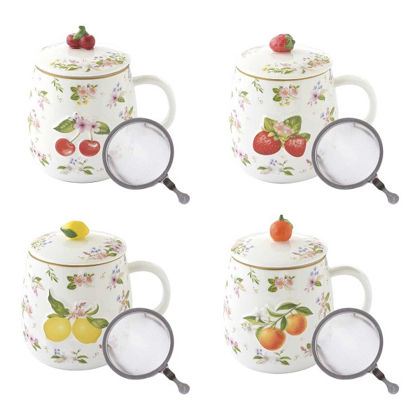 FANCY FRUIT PORCEL MUG 450ML INFUSER 4 DESIGNS