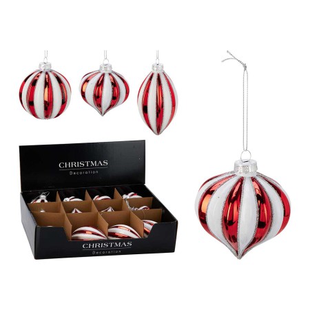 RED/WHITE STRIPES GLASS BALL 3 DESIGNS 8CM