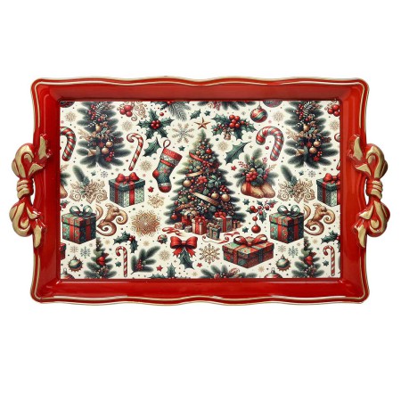 CHRISTMAS ROSSO RECT.SERVING PLATE W/HANDLES PLAST