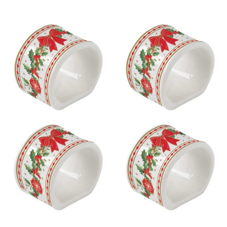 CHRISTMAS HERITAGE SET 4 PORCELAIN NAPKIN RINGS